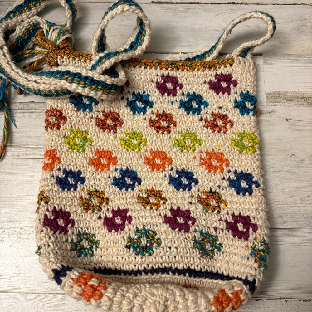 Cream Multicolor Crochet Crossbody Bag with Braided Strap